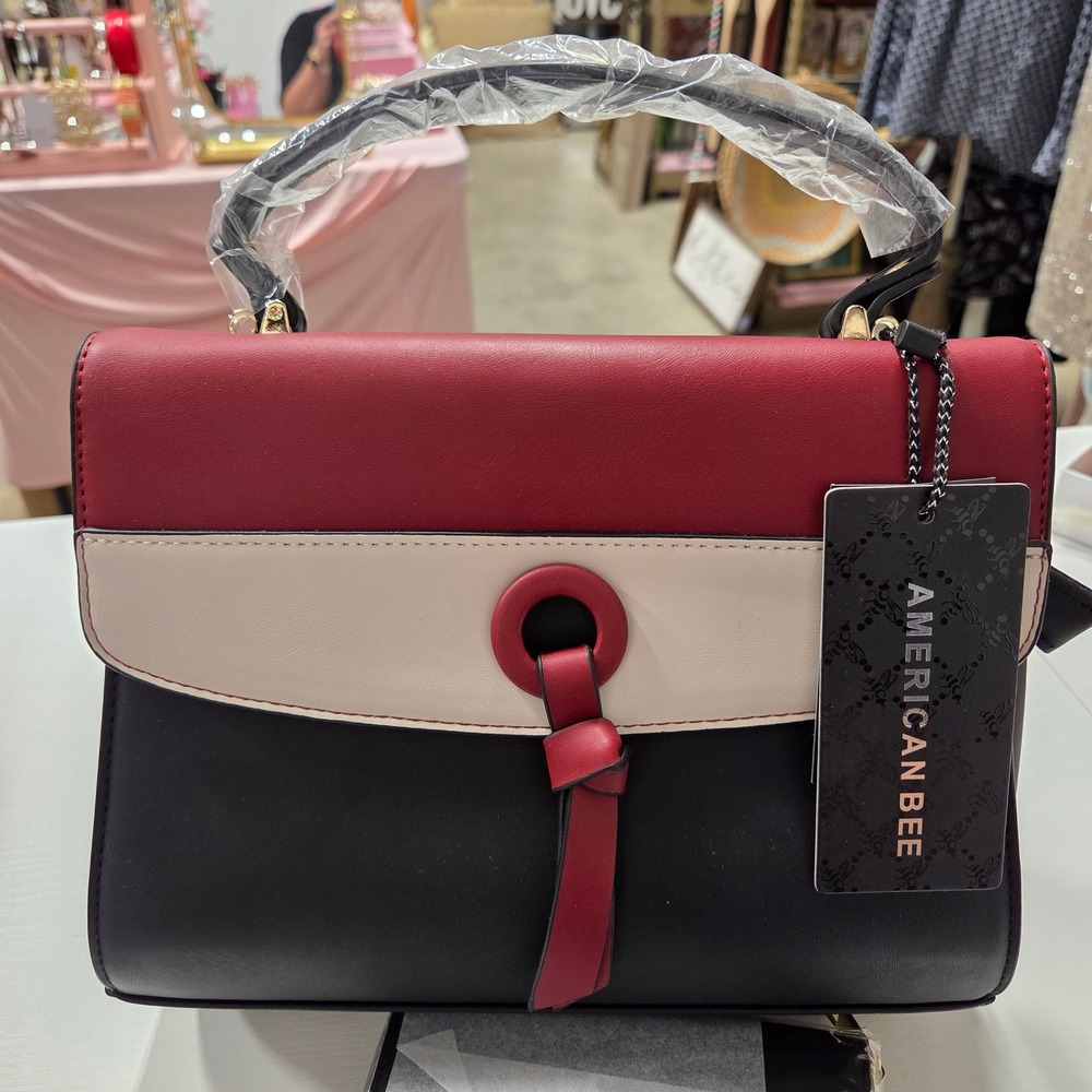 American Bee Colorblock Satchel Handbag and Wallet Set Red Black - Picture 2 of 7